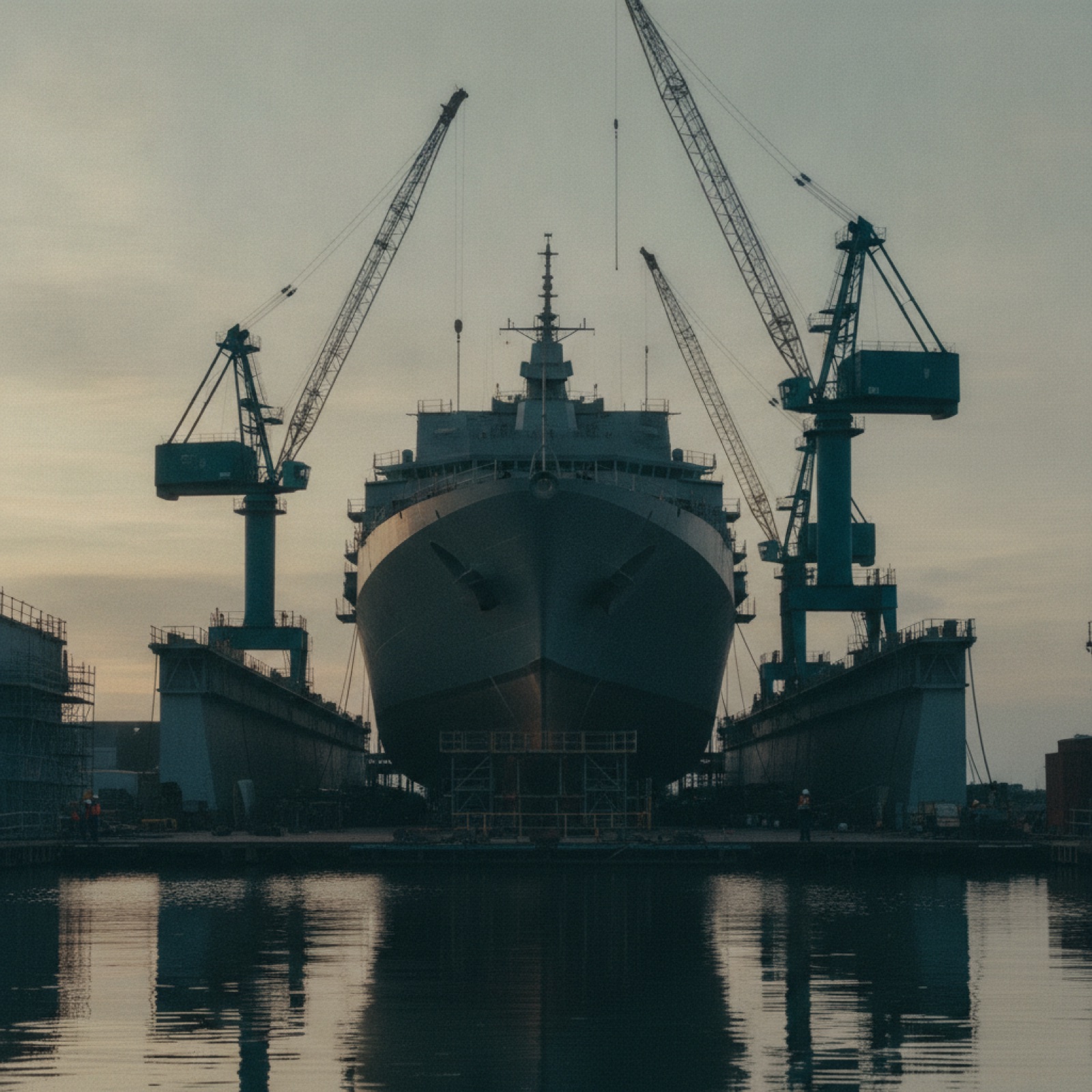 Naval ship under construction in an Australian dry dock at dusk