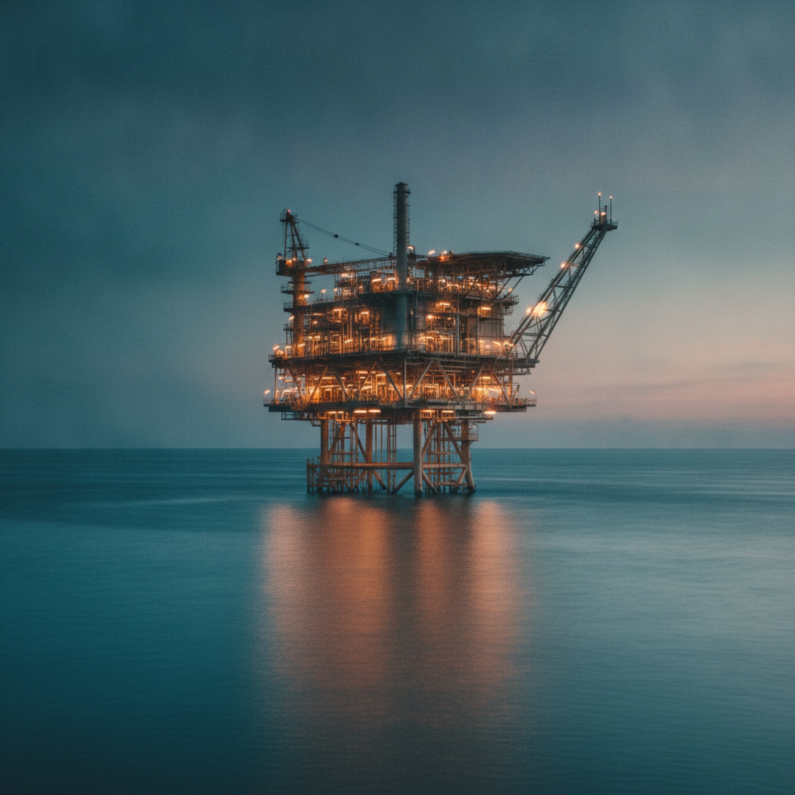 Offshore gas platform on calm ocean at dusk